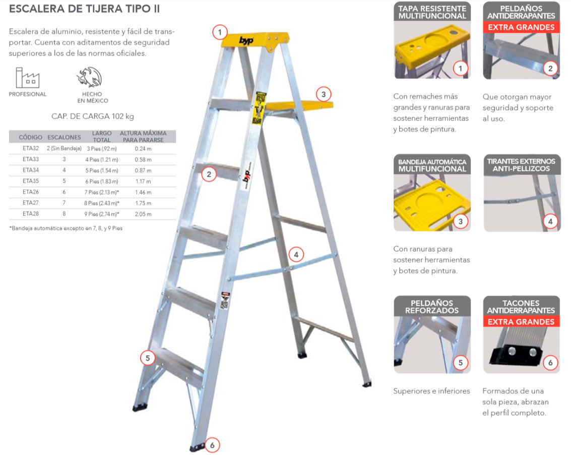 Escalera Tijera Aluminio Profesional 6 Esc 120Kg 2.13M Byp - Ferreabasto