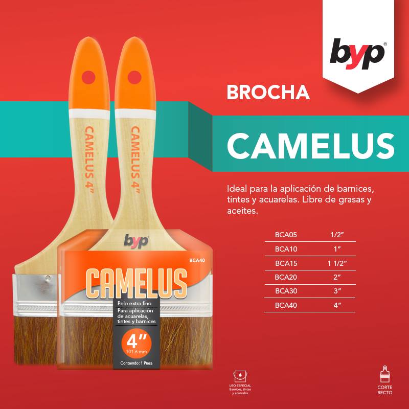 Brocha Camelus Pelo Extra Fino Barniz Acuarela 1 1/2 Pulgadas BYP BROCHAS Y PRODUCTOS S de RL de CV Ferreabasto