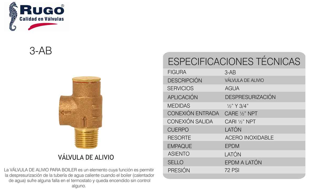 Valvula Alivio 1/2 Rugo 3AB 13 Para Boiler RUGO Ferreabasto