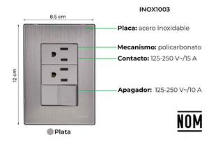 Placa Armada Inoxidable Con 1 Apagador Sencillo Y 2 Contactos De 1 Modulo Igoto IGOTO Ferreabasto