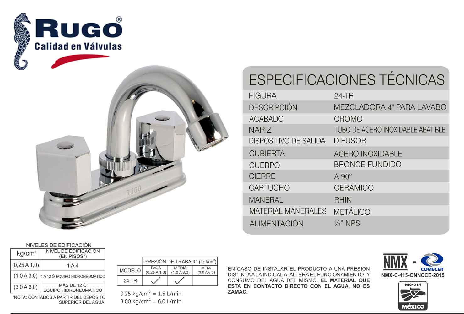 Mezcladora Para Lavabo Rugo 24tr 4 pulg Maneral Rhin Cromo RUGO Ferreabasto