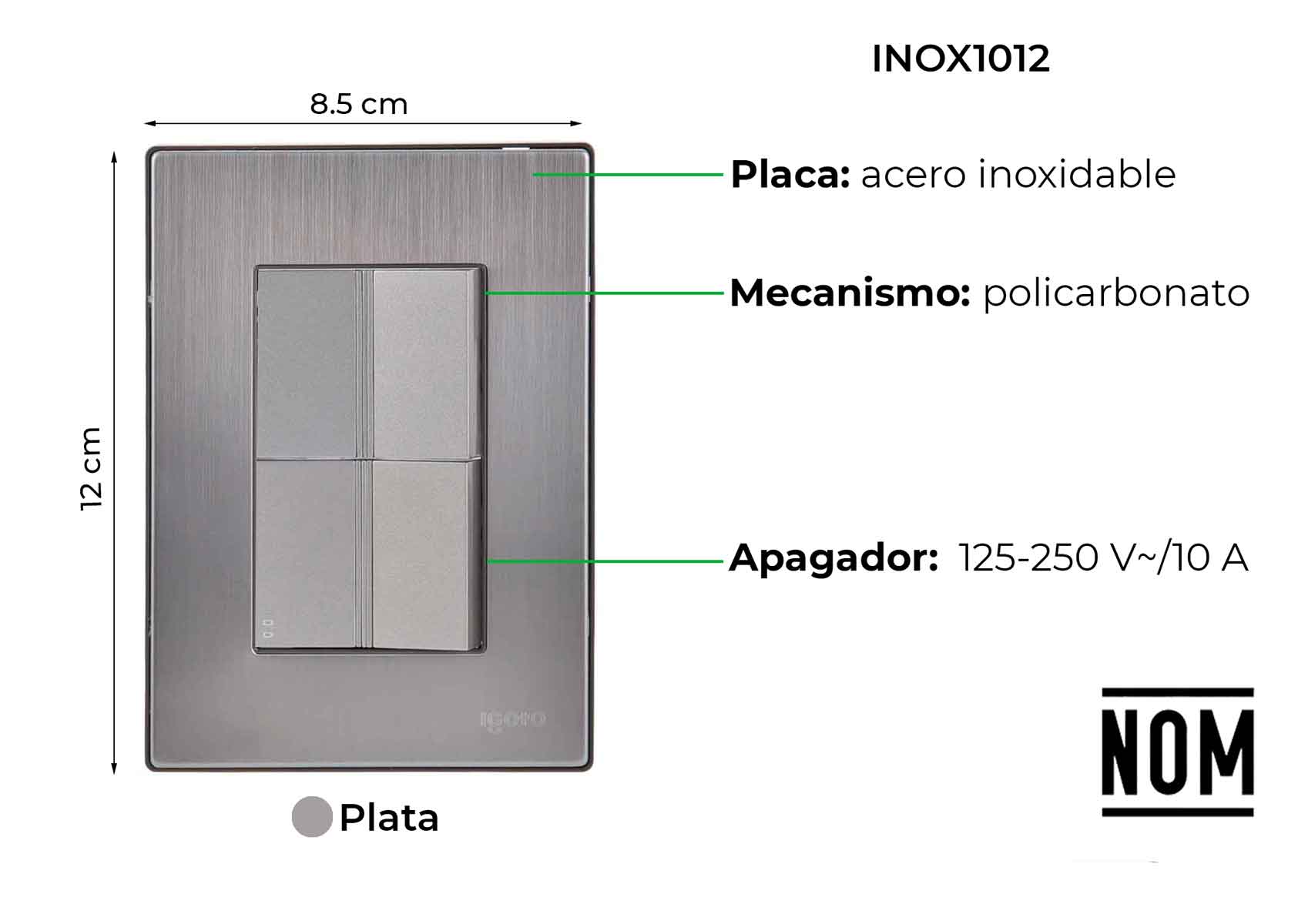 Placa Armada Inoxidable Con 1 Apagador Sencillo Y 1 Apagador Escalera De 1.5 Modulos Igoto IGOTO Ferreabasto