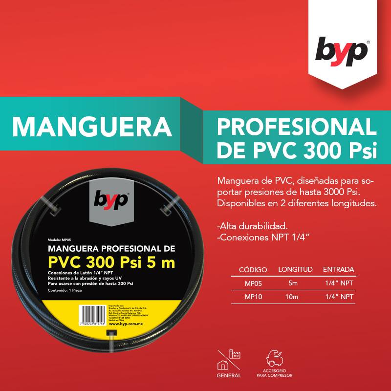 Manguera Profesional Pvc 5m 300psi para Compresor Mp05 Byp BYP Ferreabasto