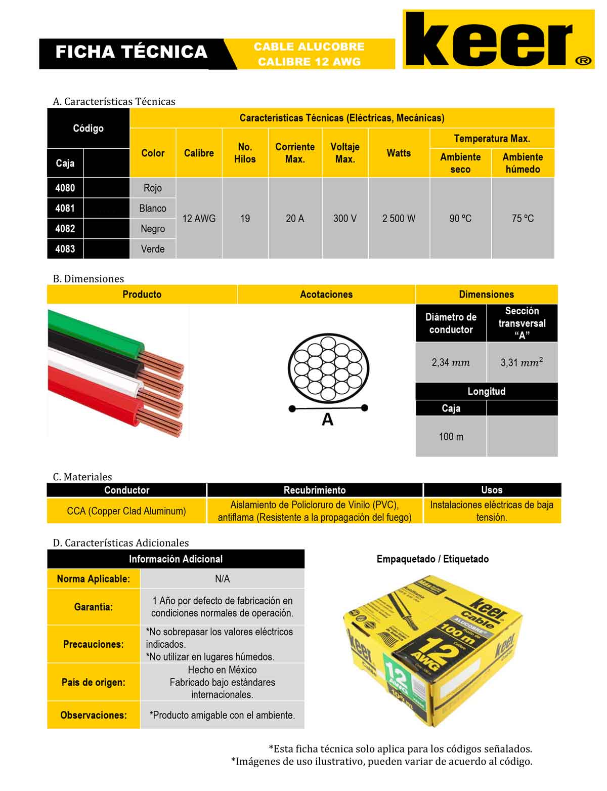 ficha tecnica cable thw calibre 12