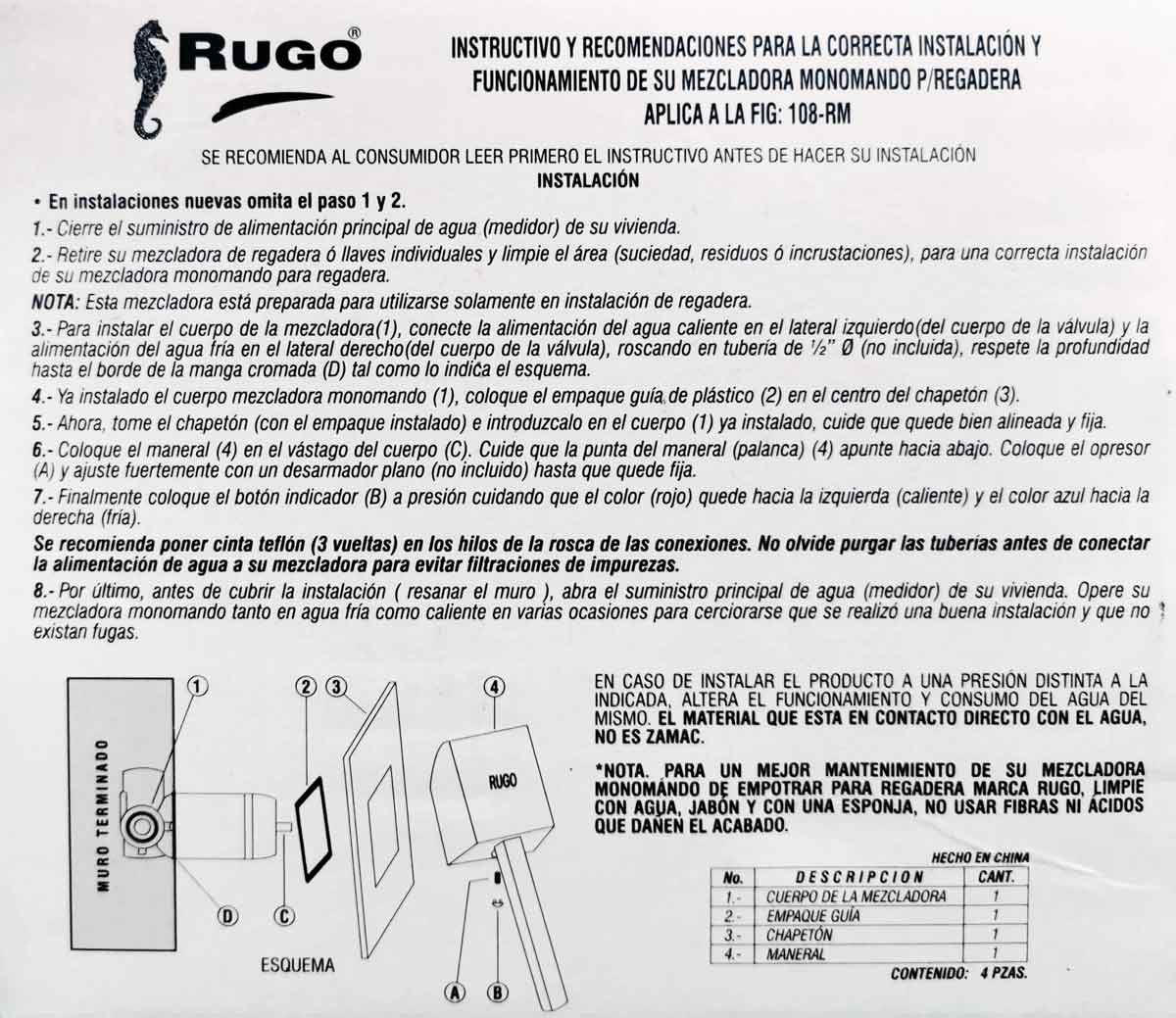 instructivo monomando regadera de empotrar