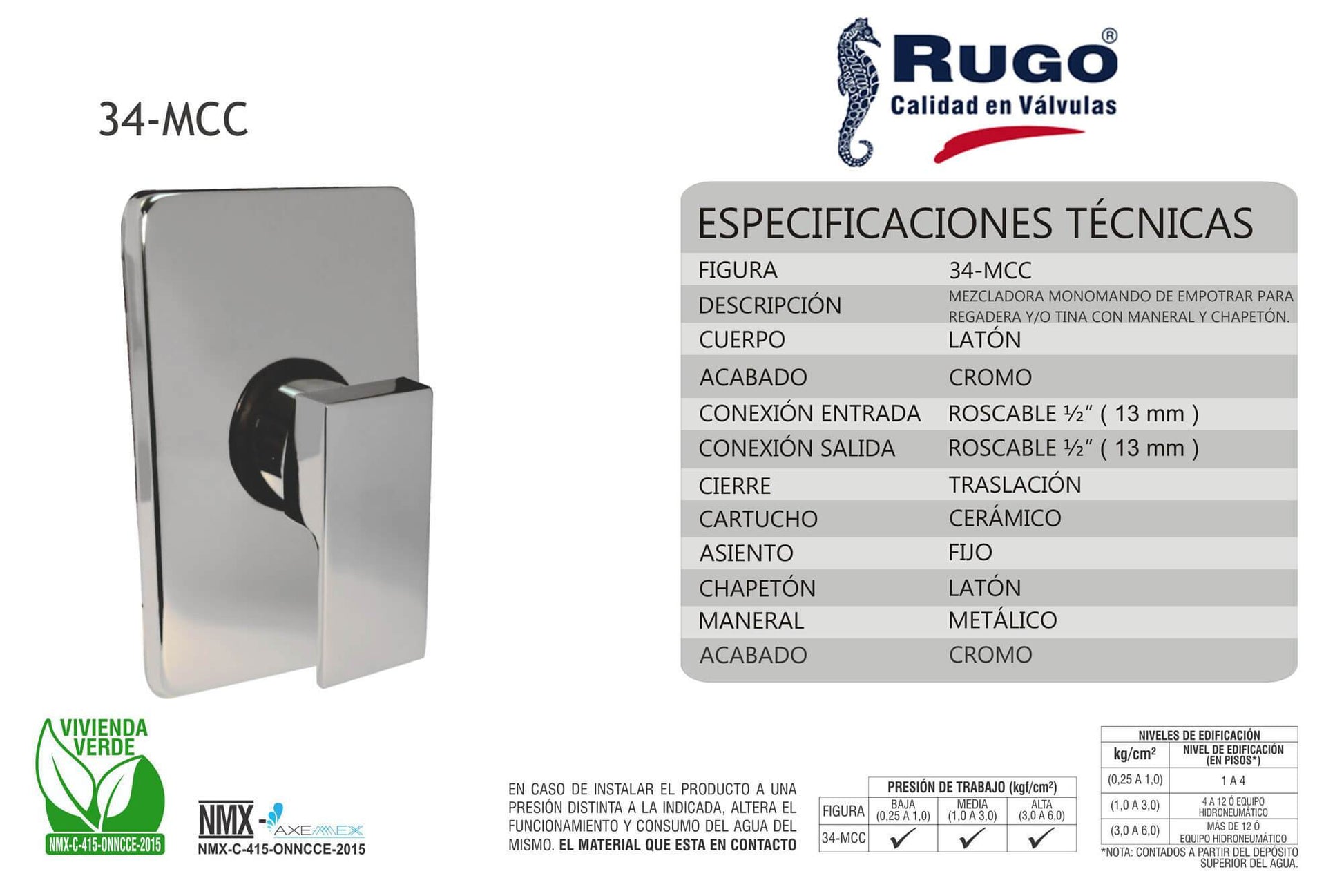 Mezcladora Cuadrada Monomando Empotrar Regadera Cromo Rugo RUGO Ferreabasto