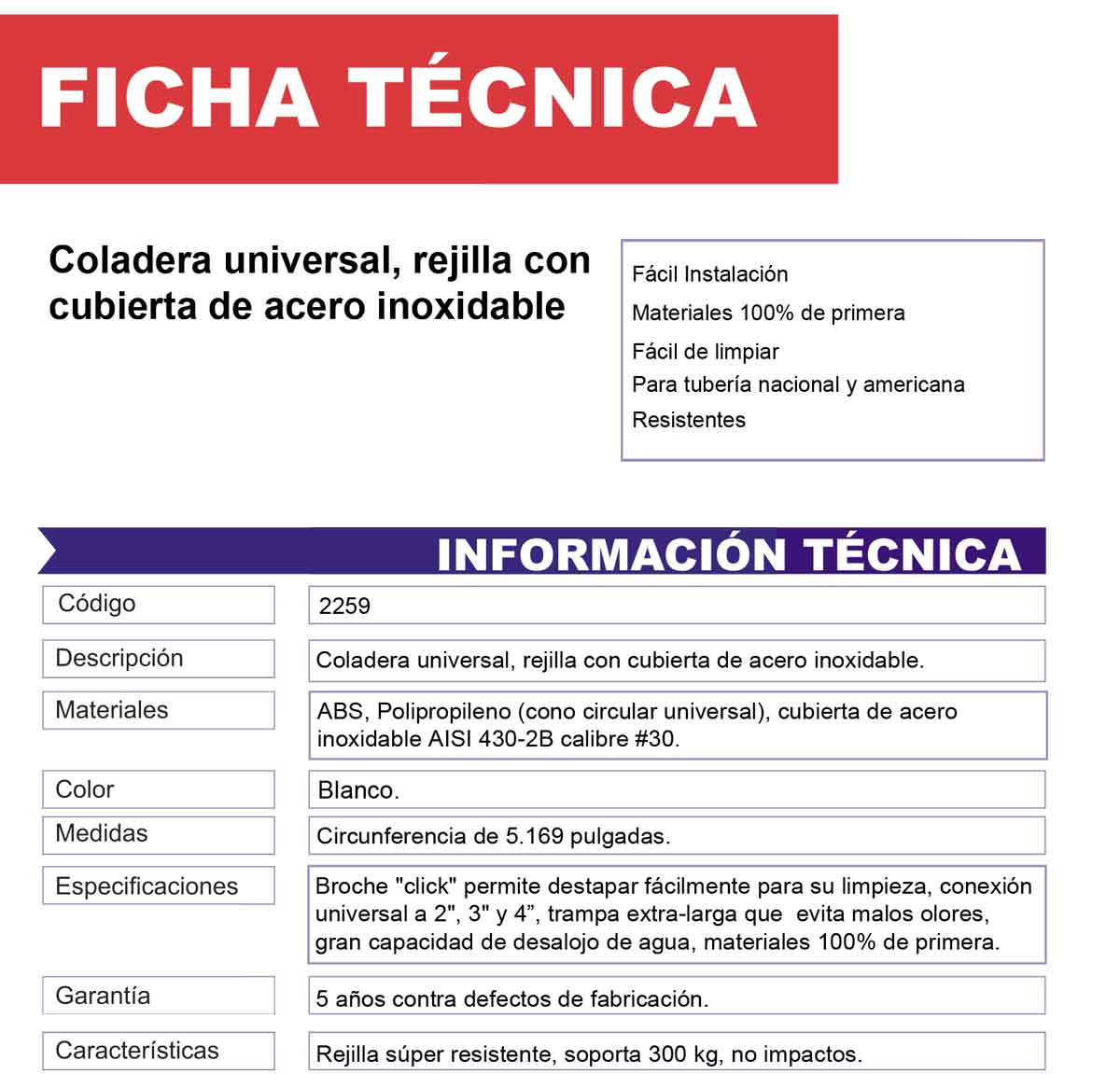 Coladera Universal Fleximatic 2259 Valvula Check Anti Olores FLEXIMATIC Ferreabasto