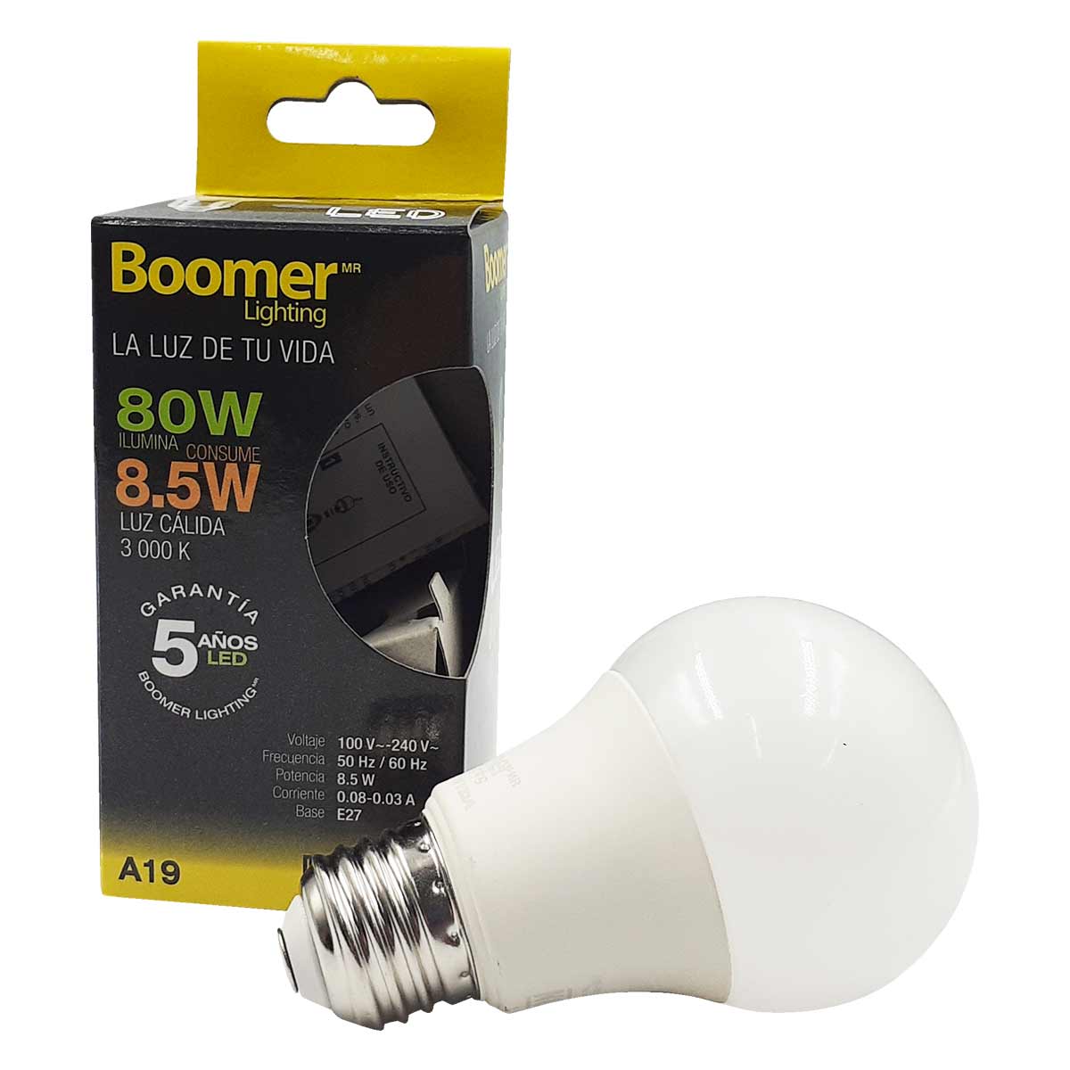 Foco Led A19 Boomer 8.5W High Lumen (100 lumen x watt) Luz Cálida 3000K - Ferreabasto