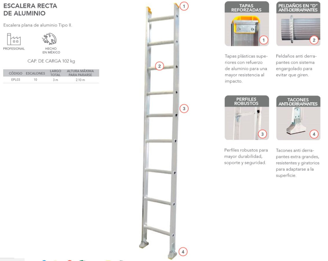 Escalera Recta Aluminio Profesional 10 Esc 102Kg 3M Byp BYP Ferreabasto