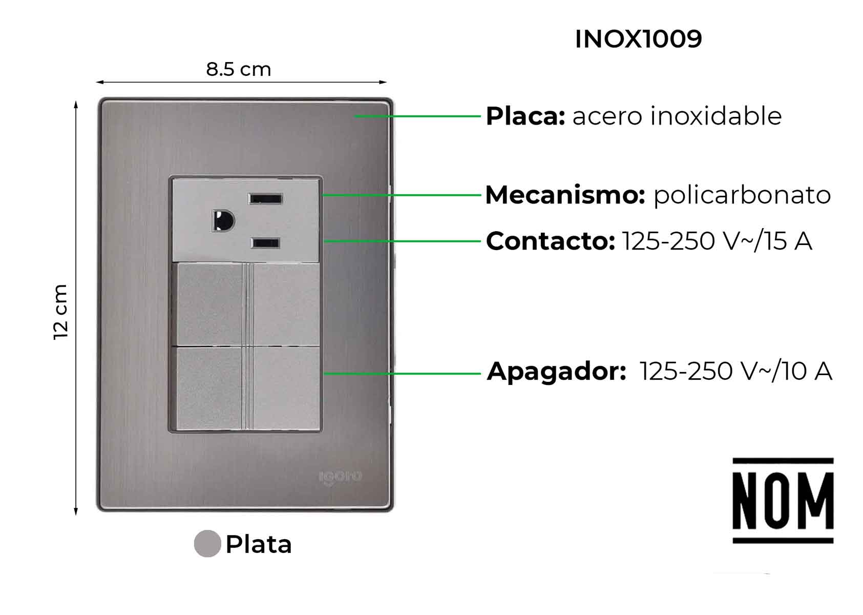 Placa Armada Inoxidable Con 2 Apagadores Sencillos Y 1 Contacto De Un Modulo Igoto IGOTO Ferreabasto