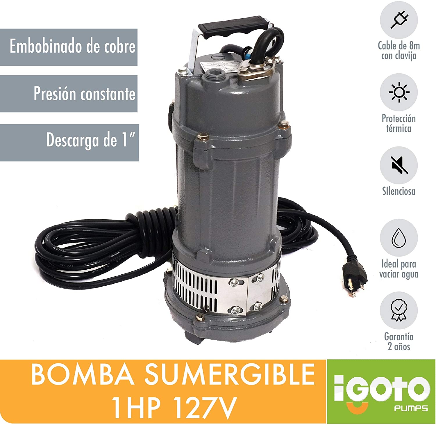 Bomba de Agua Sumergible 1Hp 750W 127V Cobre Igoto – Ferreabasto