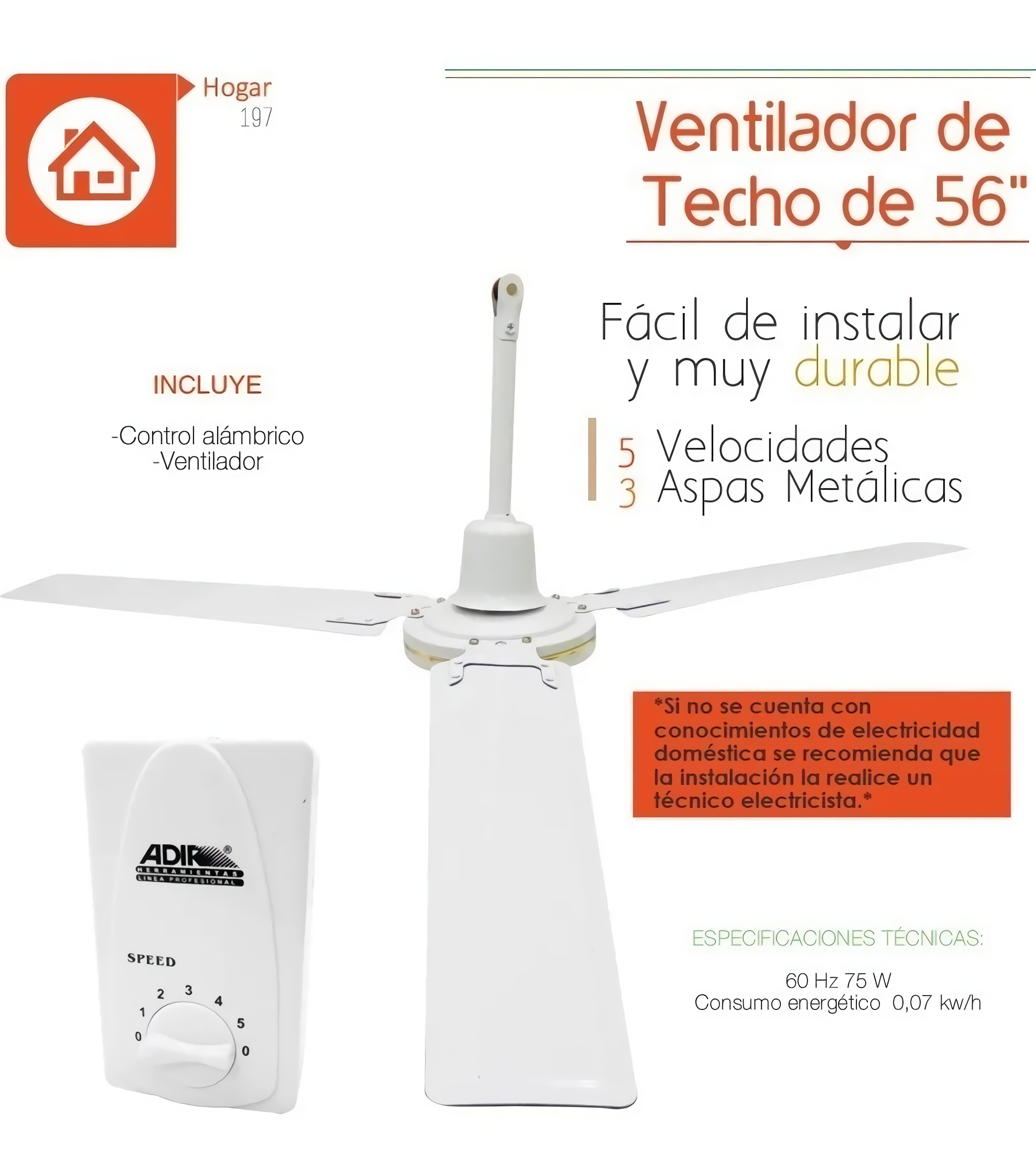 Ventilador De Techo 56" 5 Velocidades 75w Blanco Nom Adir ADIR Ferreabasto