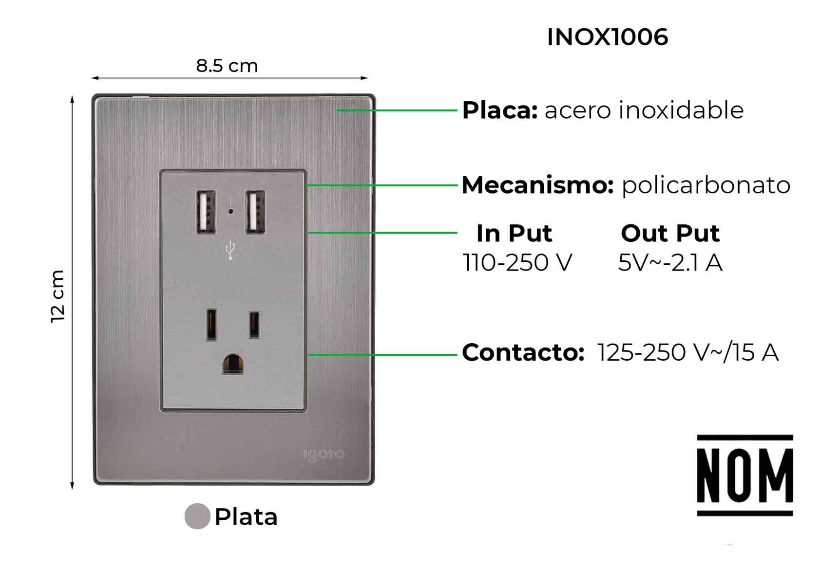 Placa Armada Inoxidable Con 2 Tomas Usb Y 1 Contacto Igoto IGOTO Ferreabasto