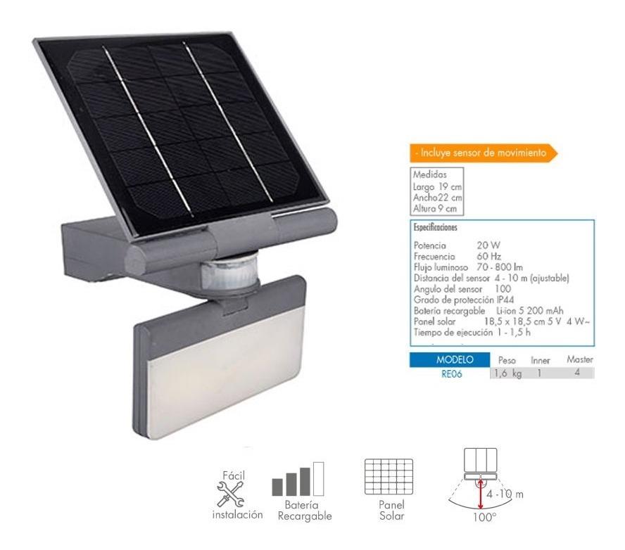 Reflector Led Solar Recargable Exterior 20W 800 Lum Igoto IGOTO Ferreabasto