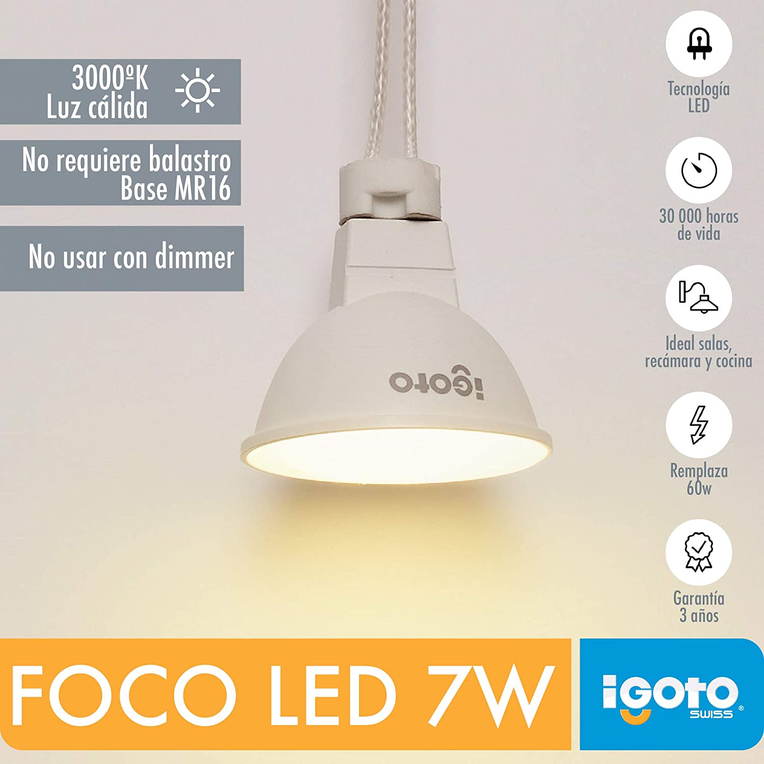 Foco Led Mr16 7W=60W 3000K Luz Calida Nom Igoto - Ferreabasto