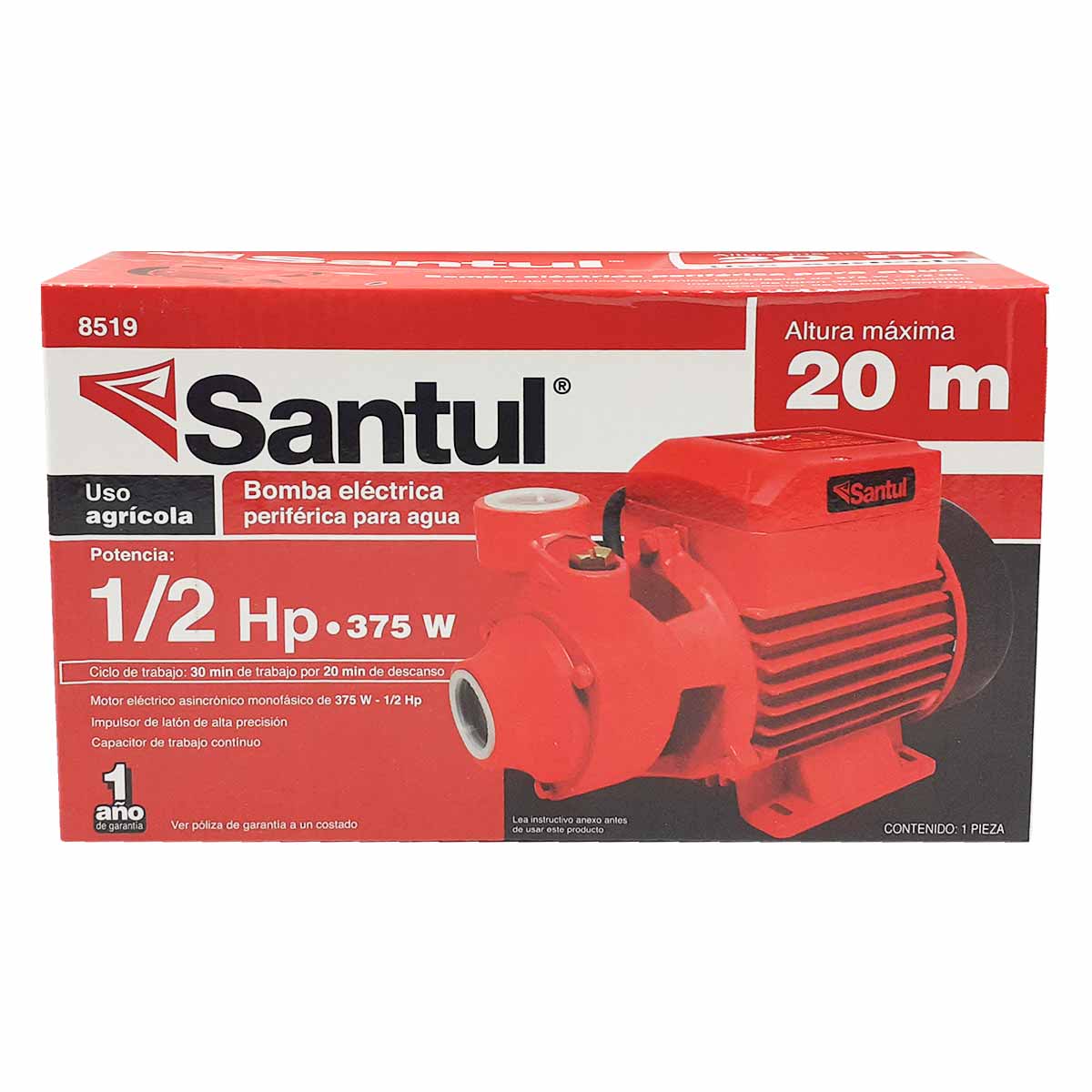 Bomba Agua Periferica 1/2 HP Santul 8519 Electrica 375w Altura 20 Metros SANTUL Ferreabasto