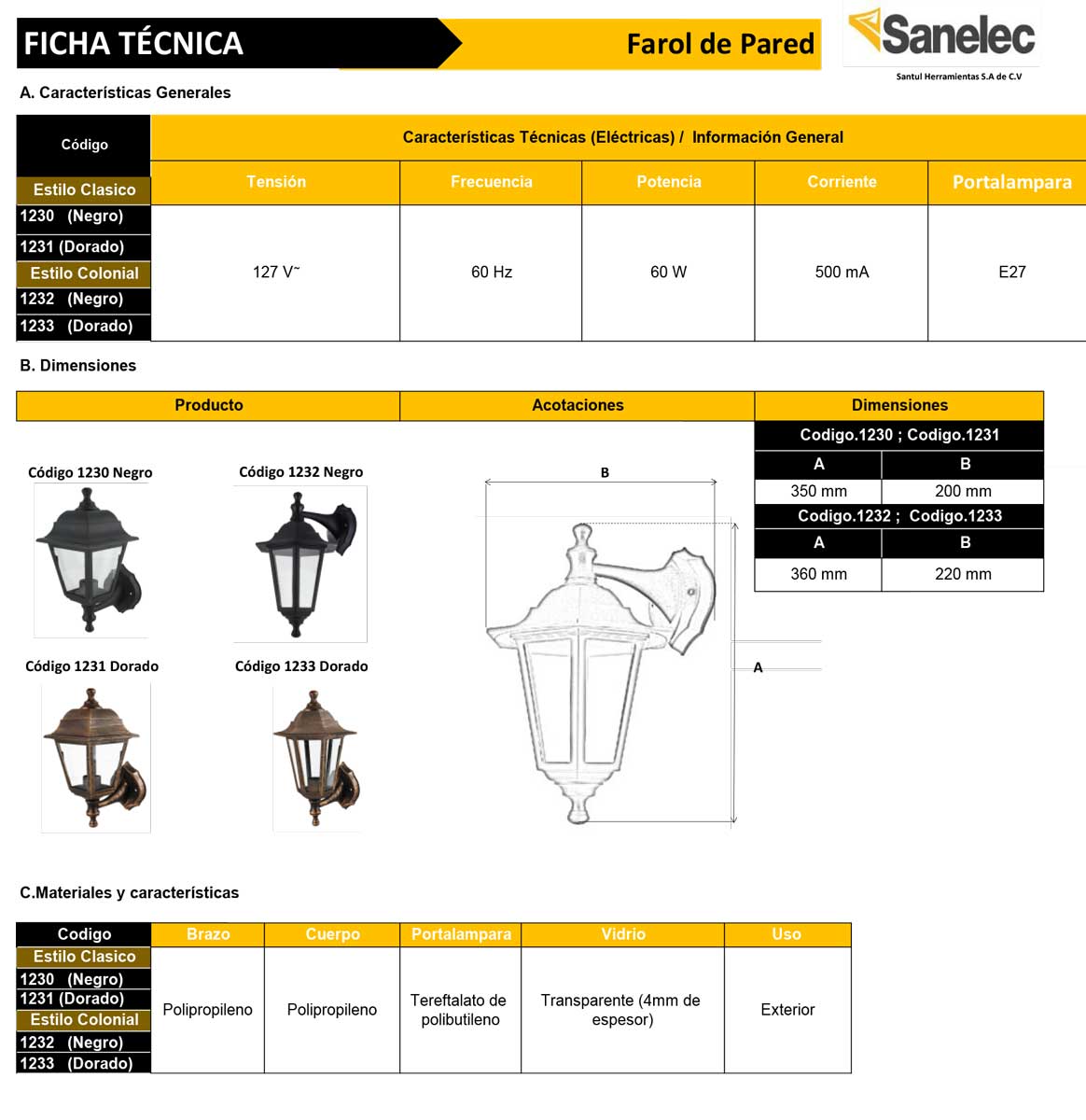 Farol Pared Estilo Colonial Sanelec 1233 Doble Posicion Exteriores Cobre SANELEC Ferreabasto