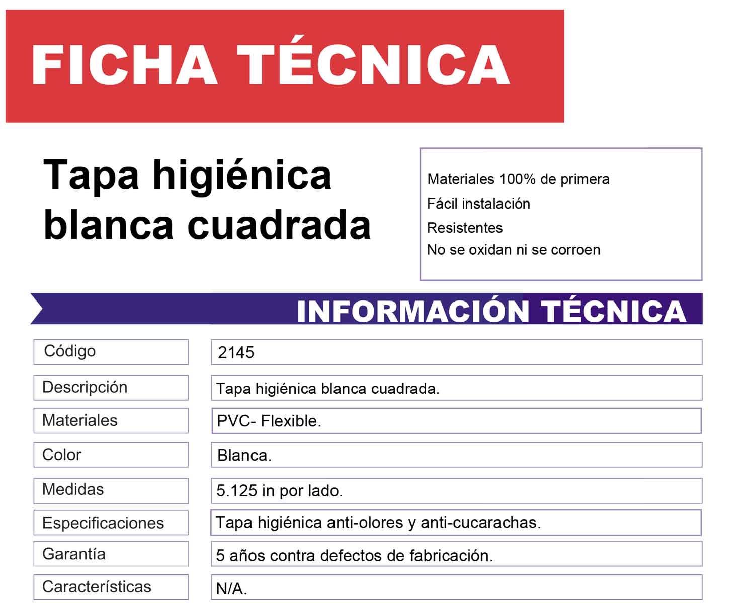 Tapa Higienica Fleximatic 2145 Cuadrada Blanca Para Coladera FLEXIMATIC Ferreabasto