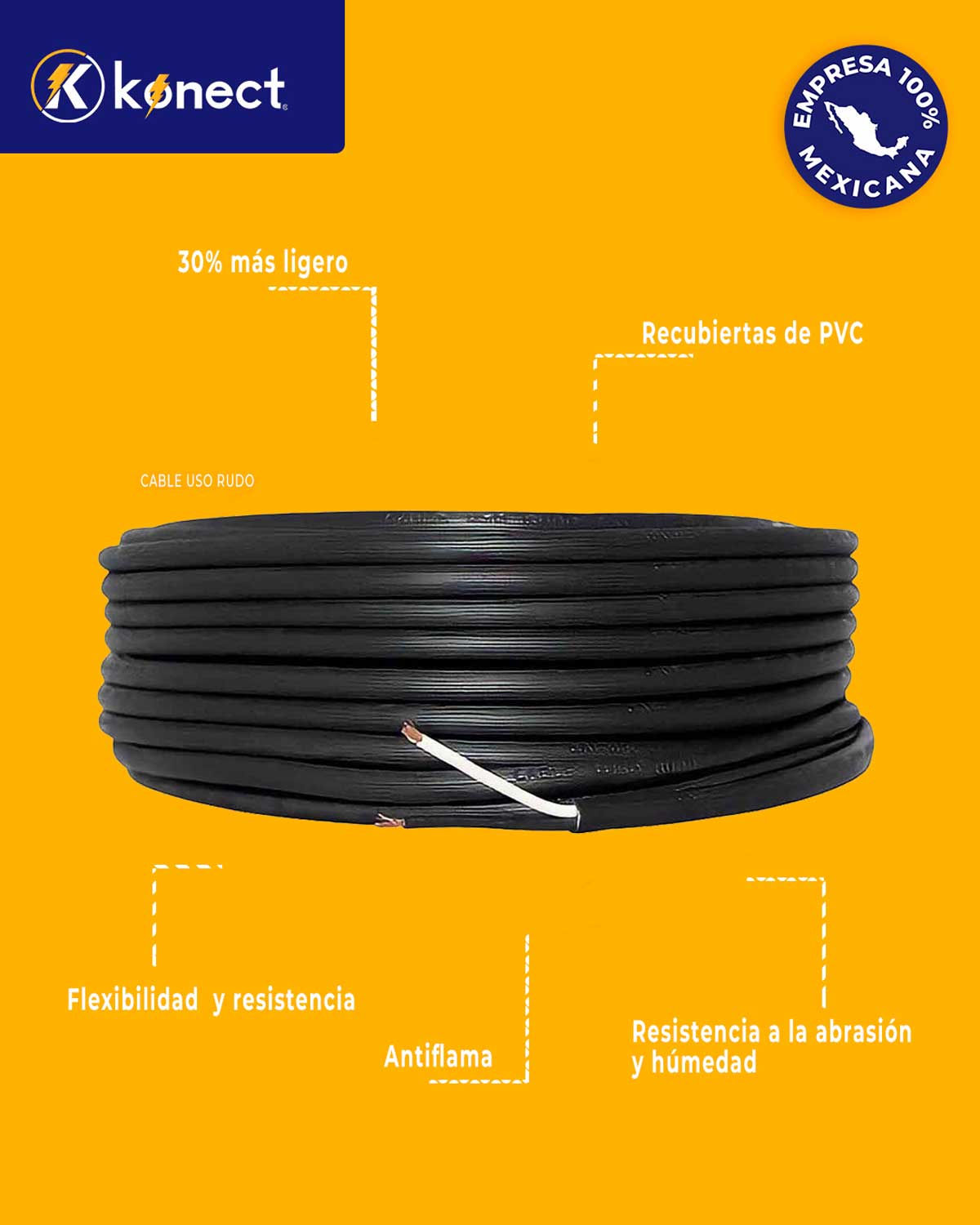 Cable Uso Rudo 2X12 Rollo 100m Color Negro Cca Konect KONECT Ferreabasto