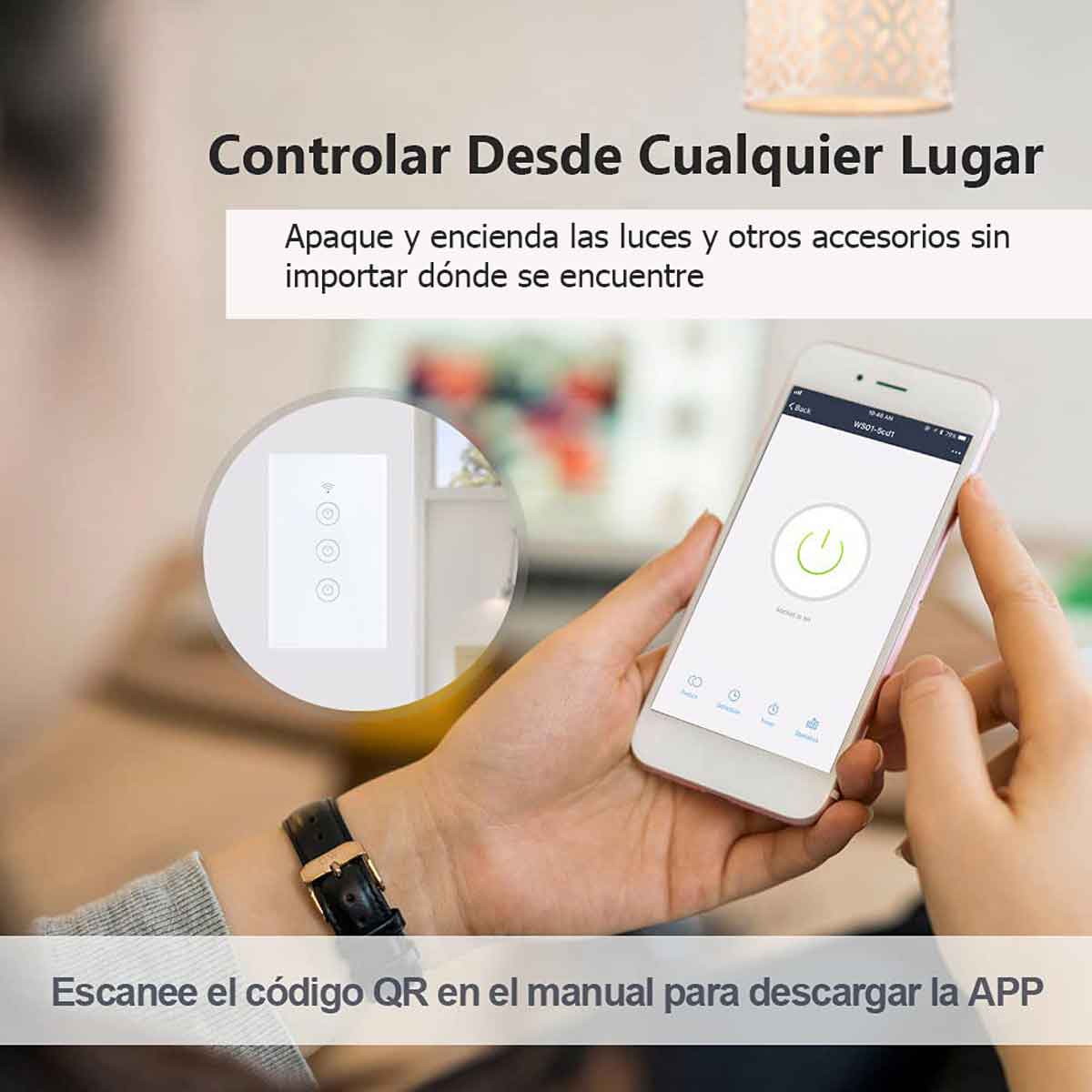 folleto de celular con app para controlar luces desde cualquier lugar