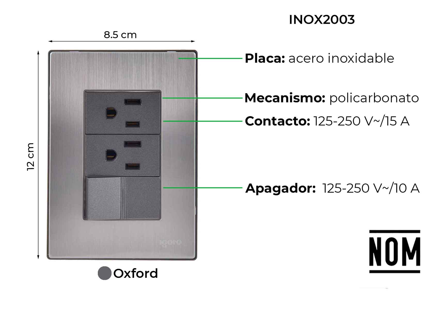 Placa Armada Inoxidable Con 1 Apagador Sencillo Y 2 Contactos De 1 Modulo Igoto IGOTO Ferreabasto