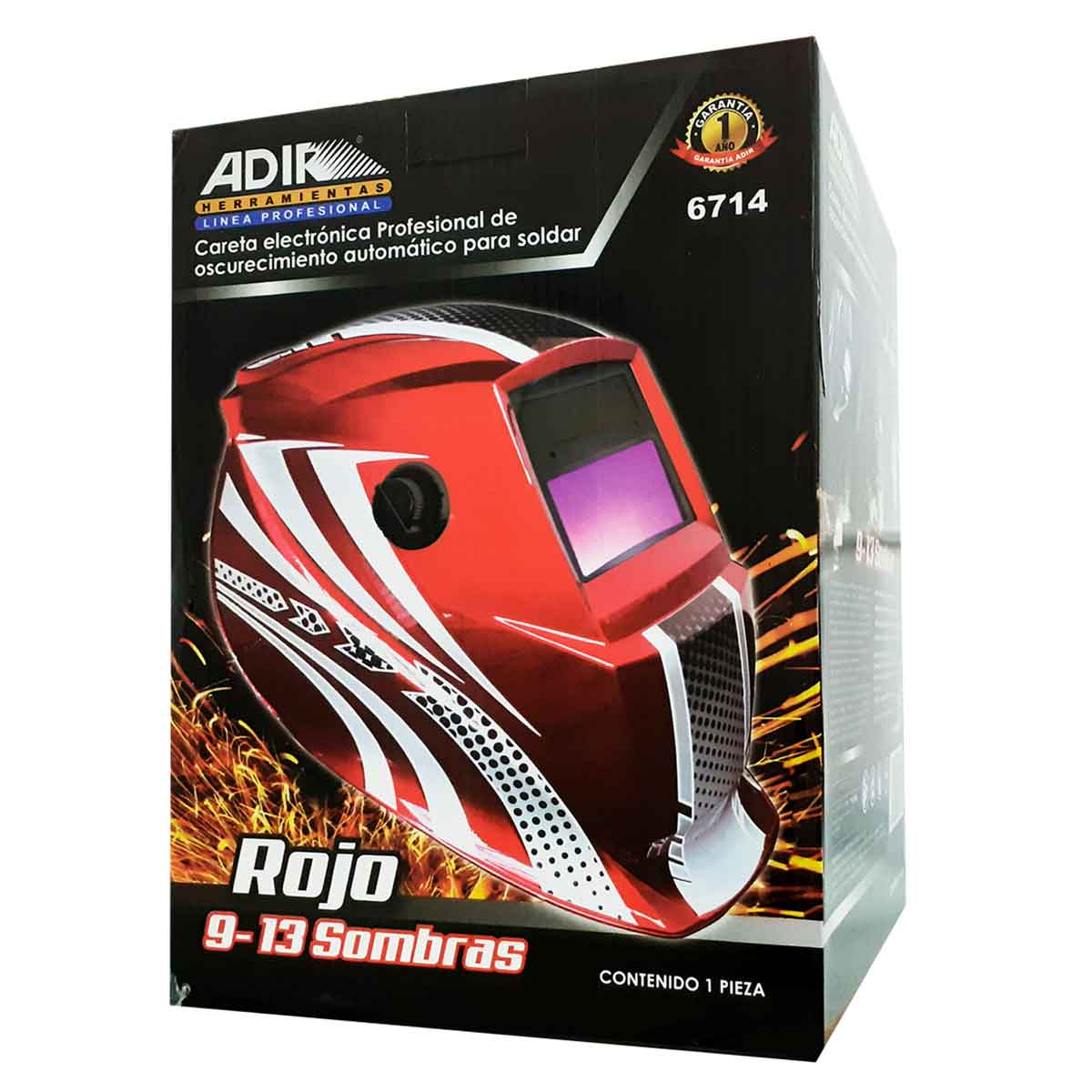 Careta Electrónica Soldar Automática Flamas Rojas Adir 6716 Color Rojo