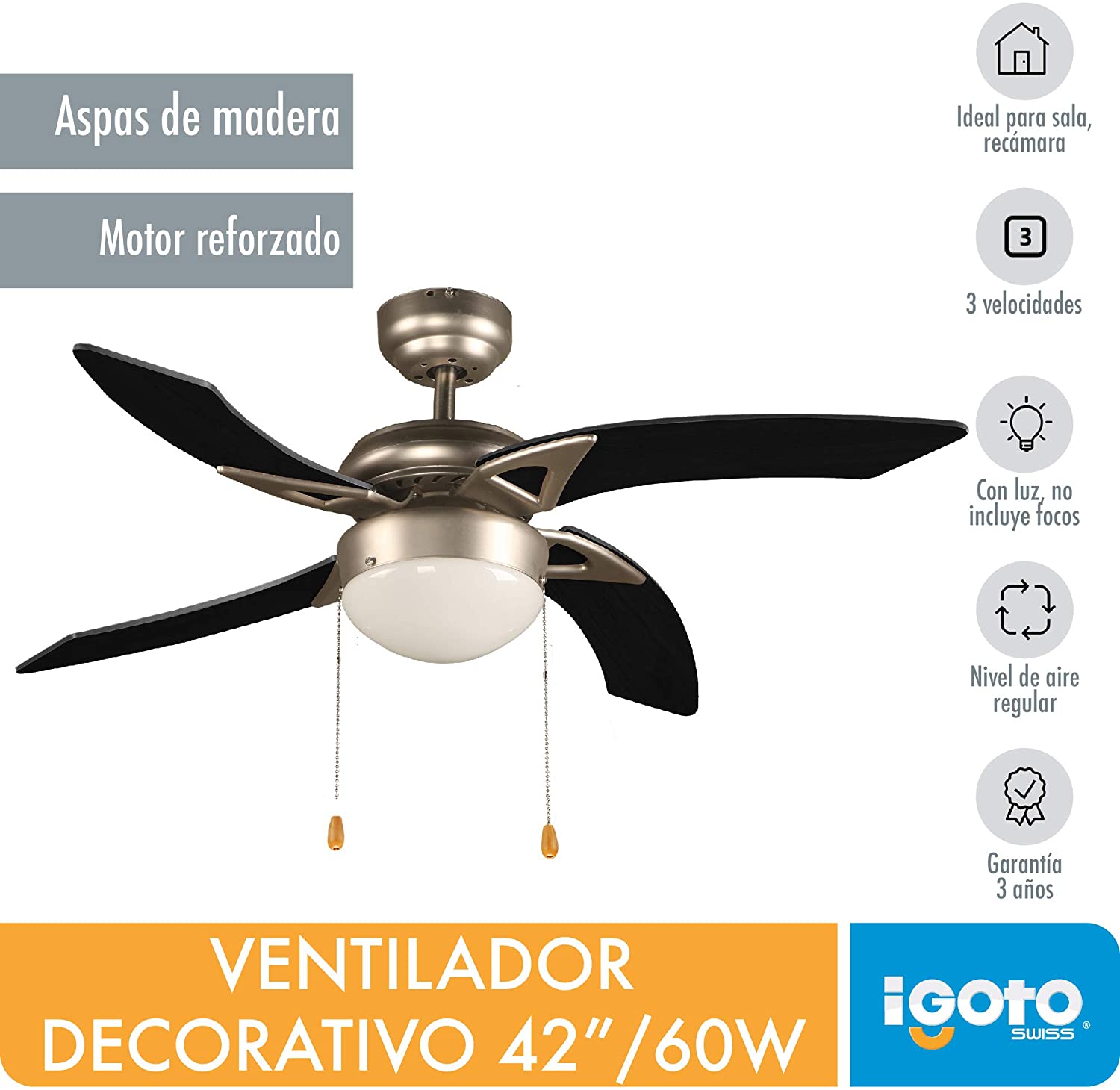 Ventilador De Techo Con Lámpara 42'' 60w Moderno Igoto IGOTO Ferreabasto