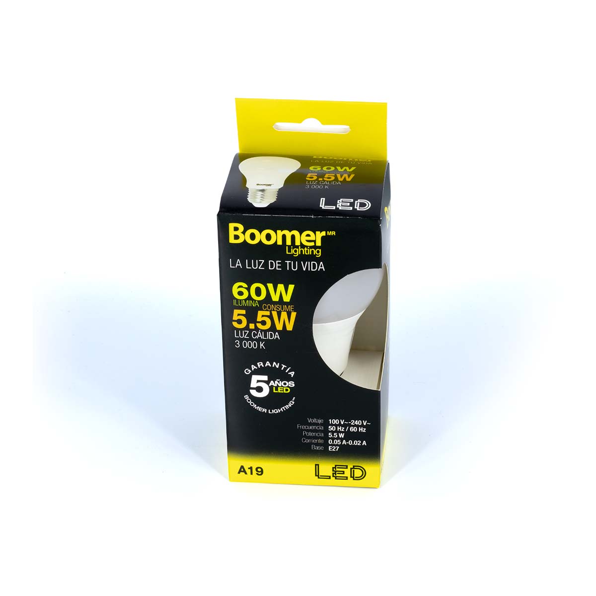 Foco Led A19 Boomer 5.5W High Lumen (500 lumenes) Luz Calida 3000K BOOMER Ferreabasto