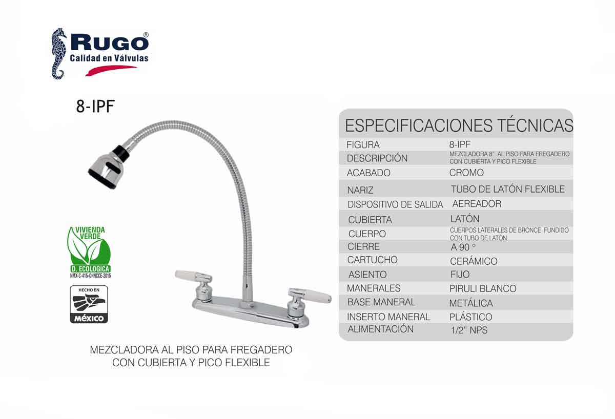 Mezcladora P/Fregadero Cromo Pico Flexible Chapeton Rugo RUGO Ferreabasto