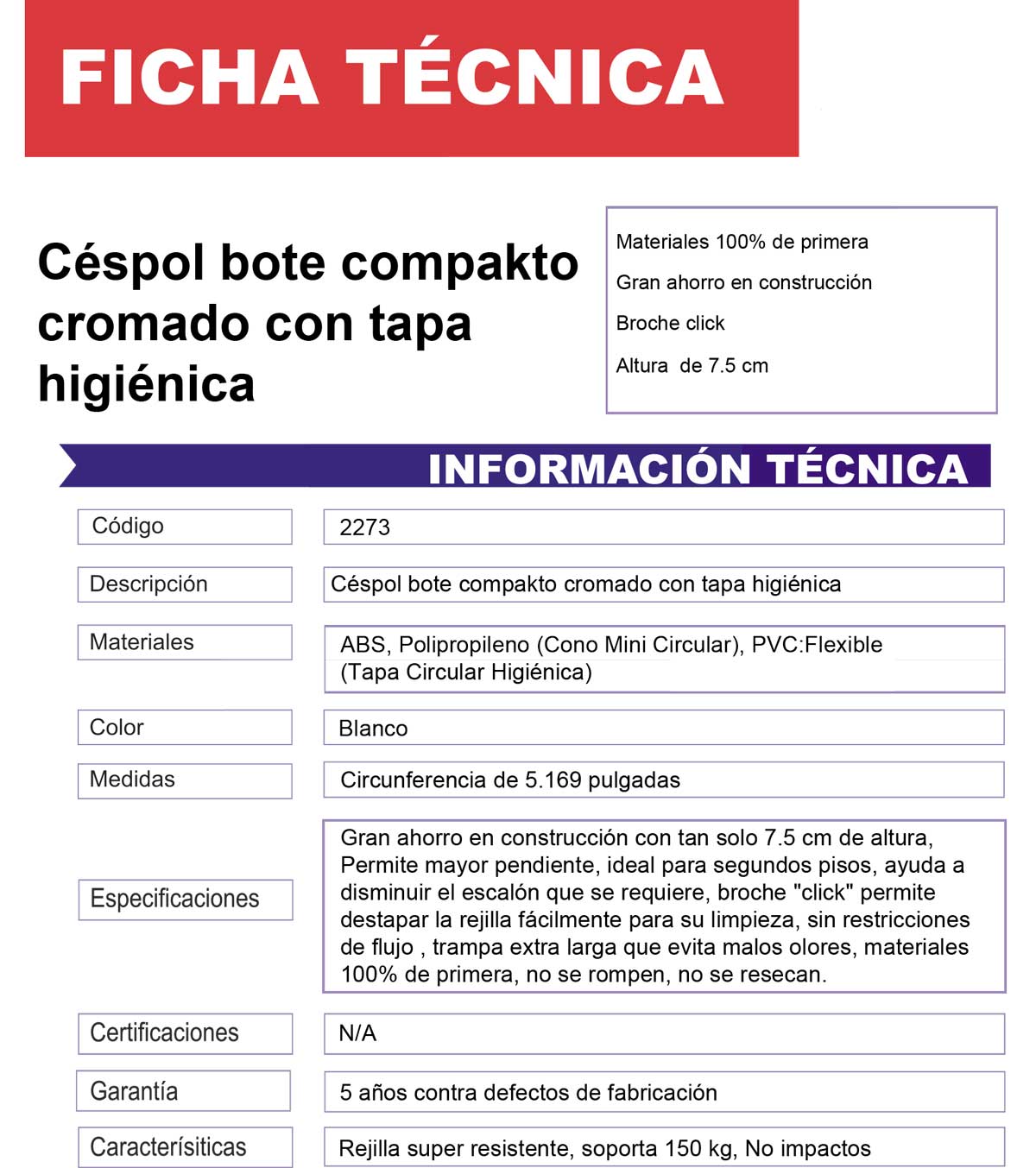 Cespol Bote Compakto Fleximatic 2273 Rejilla Acero Inoxidable + Tapa Higienica FLEXIMATIC Ferreabasto