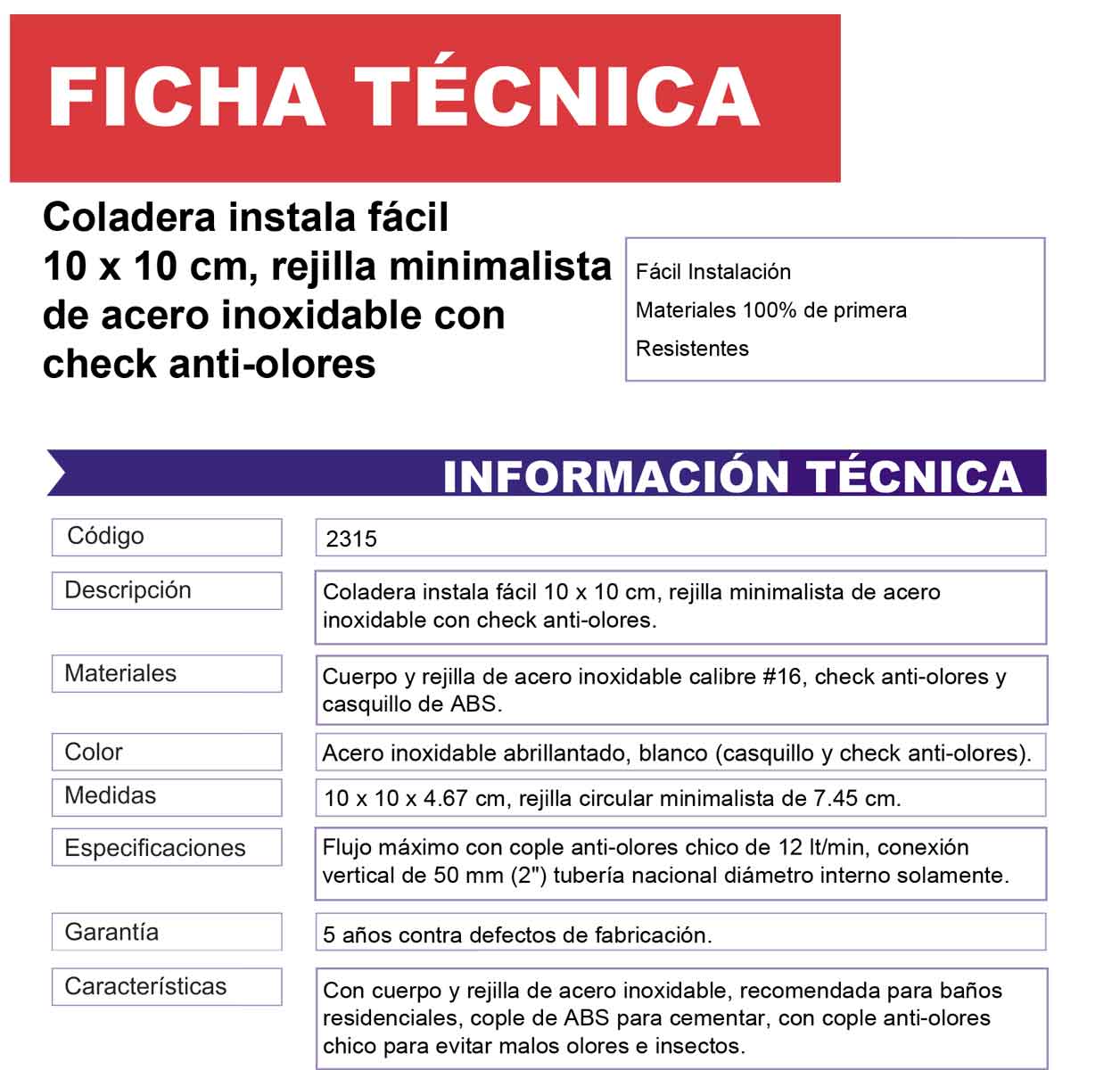 Coladera Instala Facil Acero Inoxidable Fleximatic 2315 Con Check Antiolores FLEXIMATIC Ferreabasto