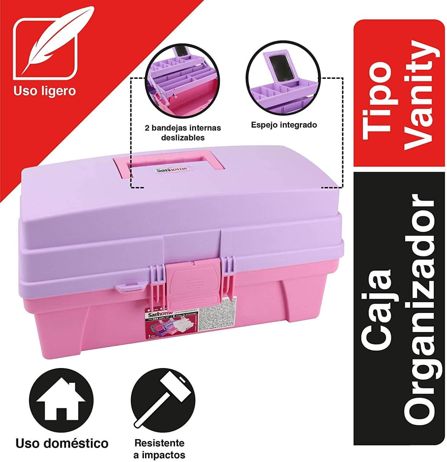 Caja Organizadora Vanity Espejo Integrado Lila Rosa Sanhome SANHOME Ferreabasto