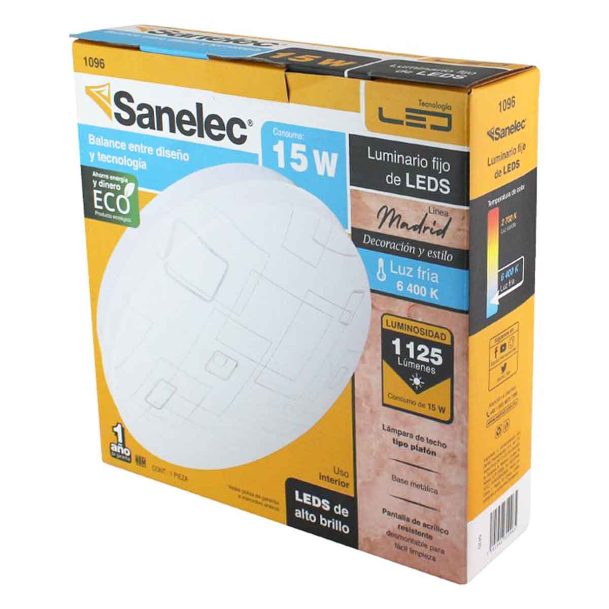 Luminario Led Tipo Plafon Para Techo Sobreponer 15w Luz Fria 6400k Linea Madrid 1096 Sanelec SANELEC Ferreabasto