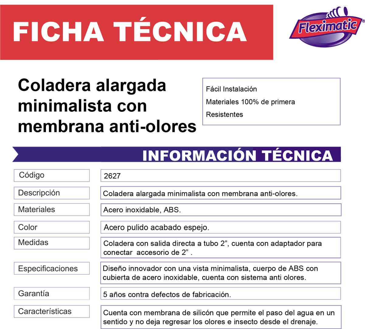 ficha tecnica coladera alargada rectangular minimalista para bano