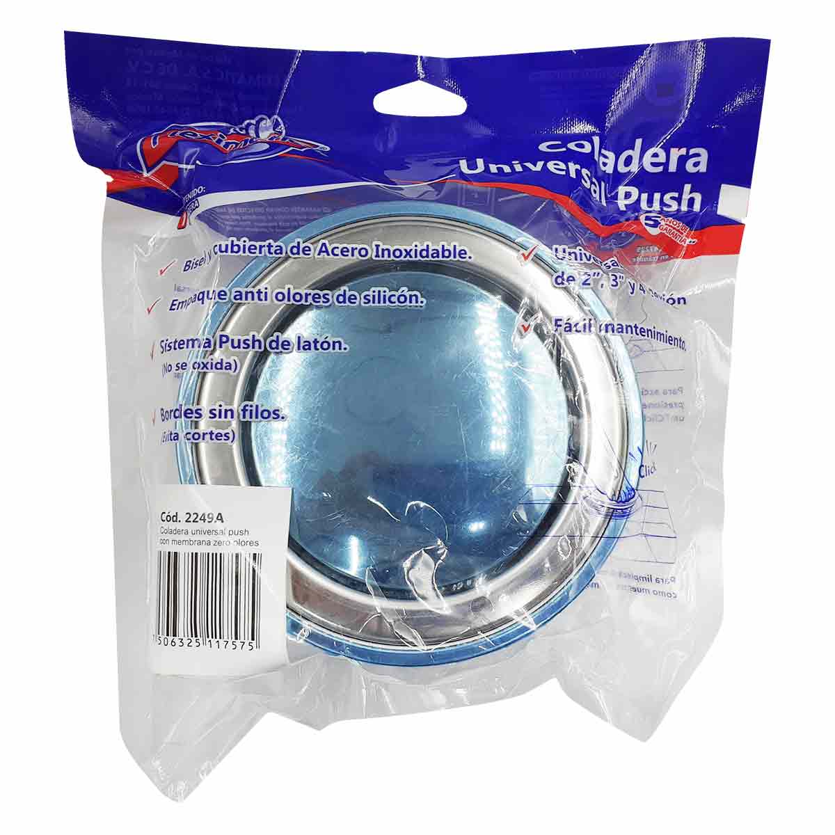 Coladera Universal Boton Push Fleximatic 2249A Acero Inoxidable Membrana Anti Olores FLEXIMATIC Ferreabasto