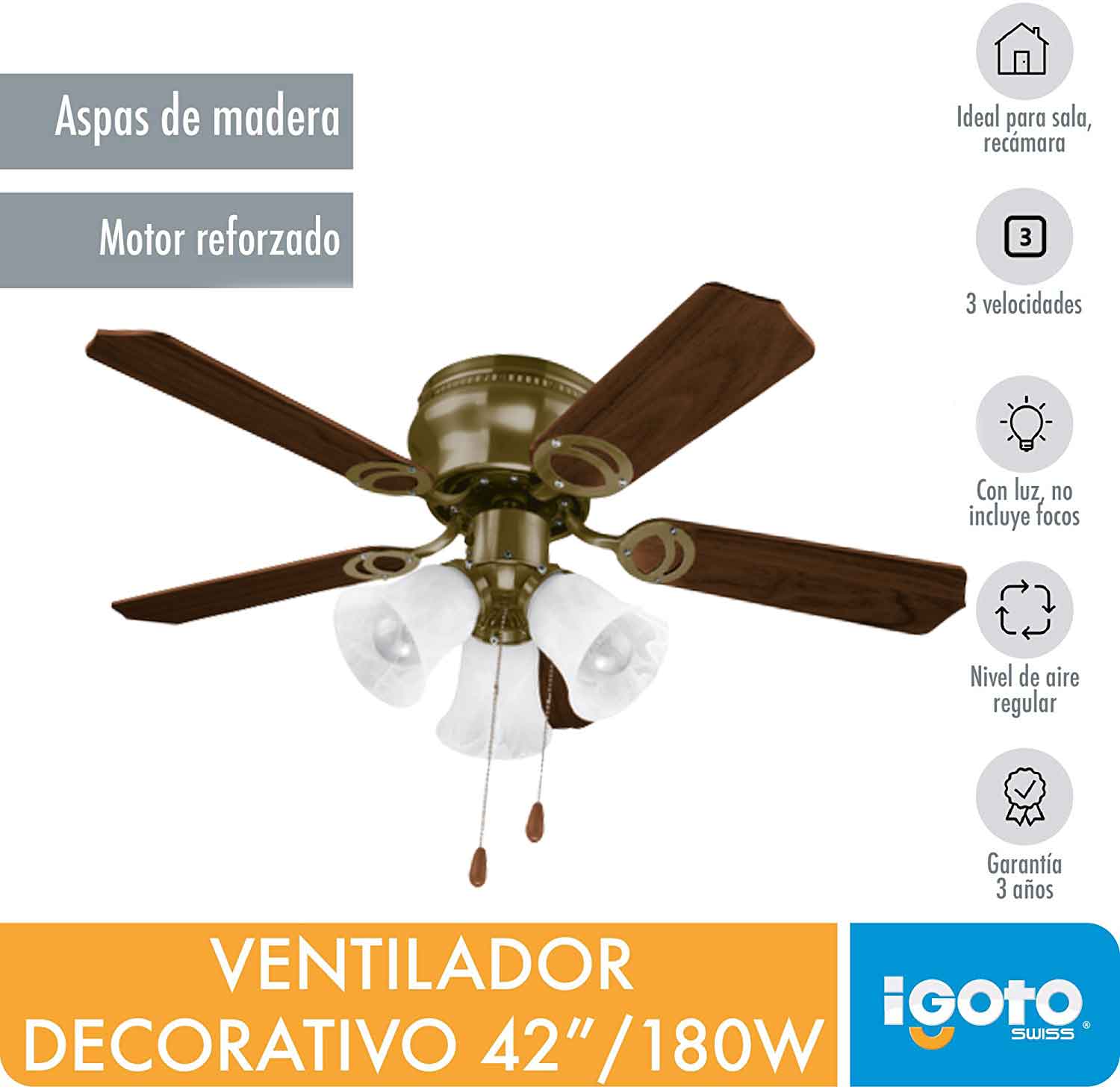 Ventilador De Techo Con Lampara 42 Pulgadas 60w Aria Aspas Madera Igoto IGOTO Ferreabasto