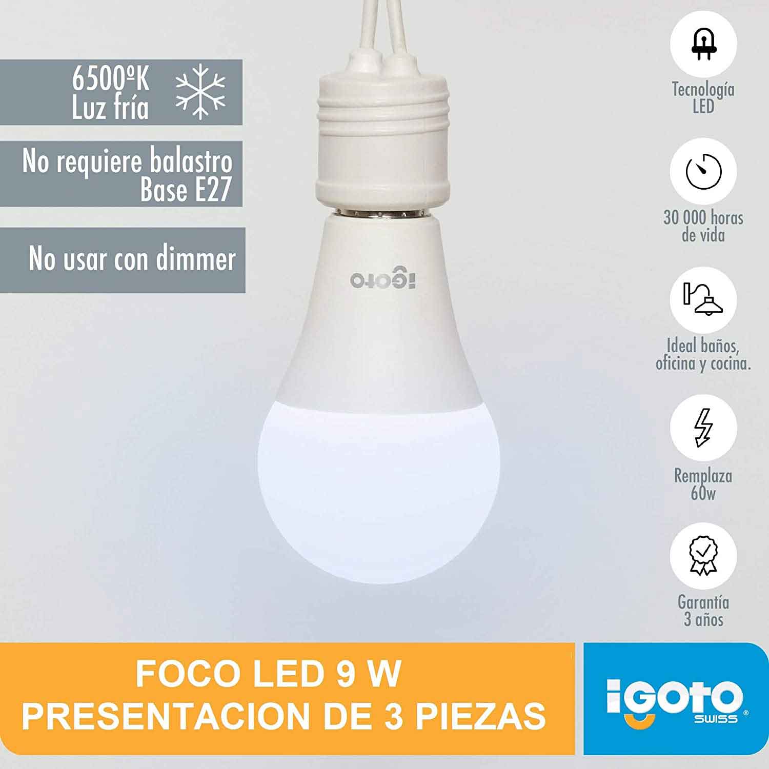 3 Pack Foco Led A60 9W 810Lm 6500K (Luz Fria) Igoto - Ferreabasto