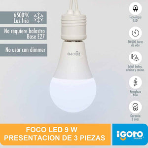 3 Pack Foco Led A60 9W 810Lm 6500K (Luz Fria) Igoto - Ferreabasto