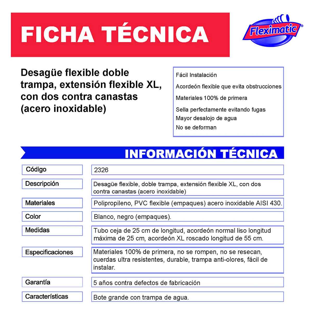 ficha tecnica desague flexible