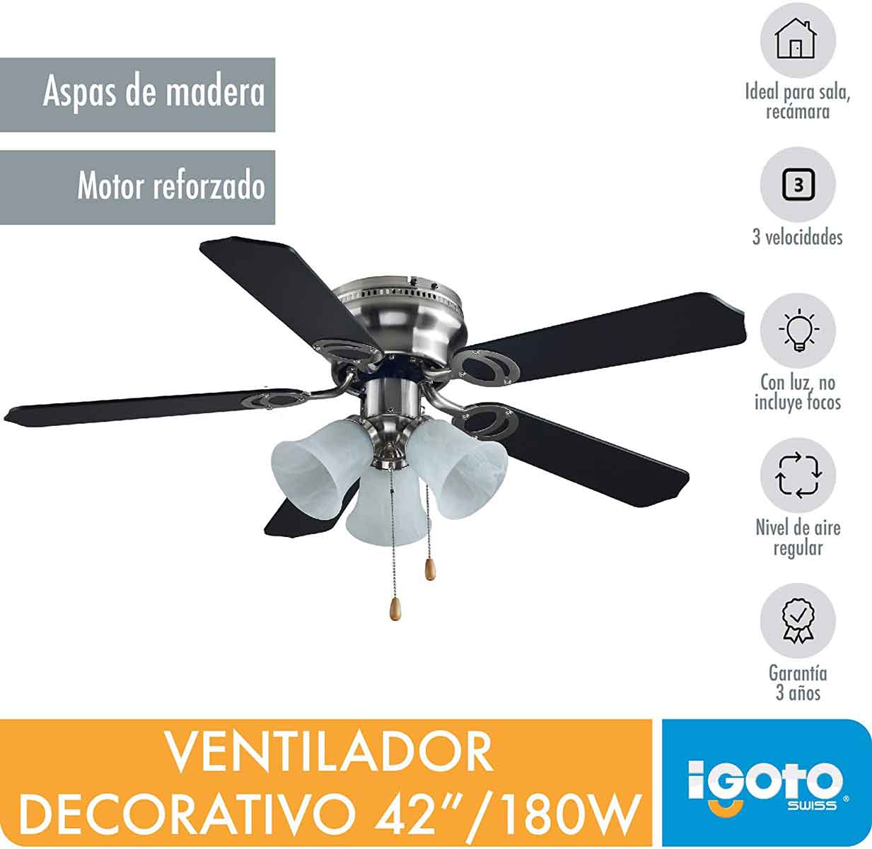 Ventilador De Techo Con Lampara 42 Pulgadas 60w Aria Aspas Negras Igoto IGOTO Ferreabasto