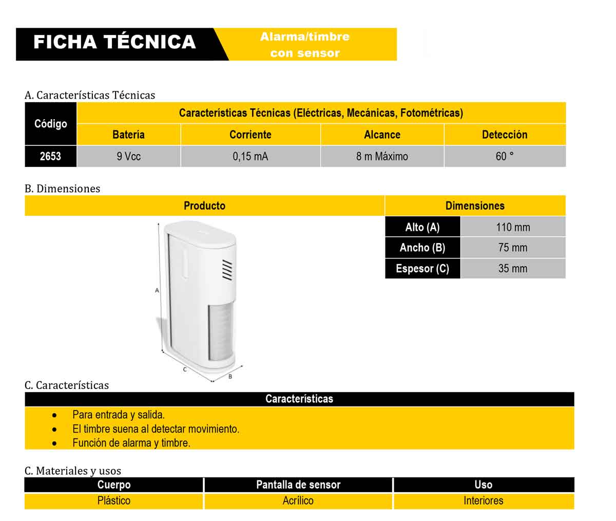 Sensor Movimiento 8 Mtrs Sanelec 0059 Con Alarma o Timbre SANELEC Ferreabasto