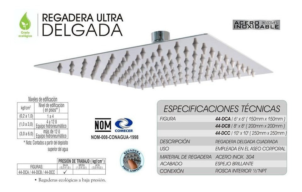 Regadera Delgada Cuadrada 8X8" Acero Inox. Cromo Rugo RUGO Ferreabasto