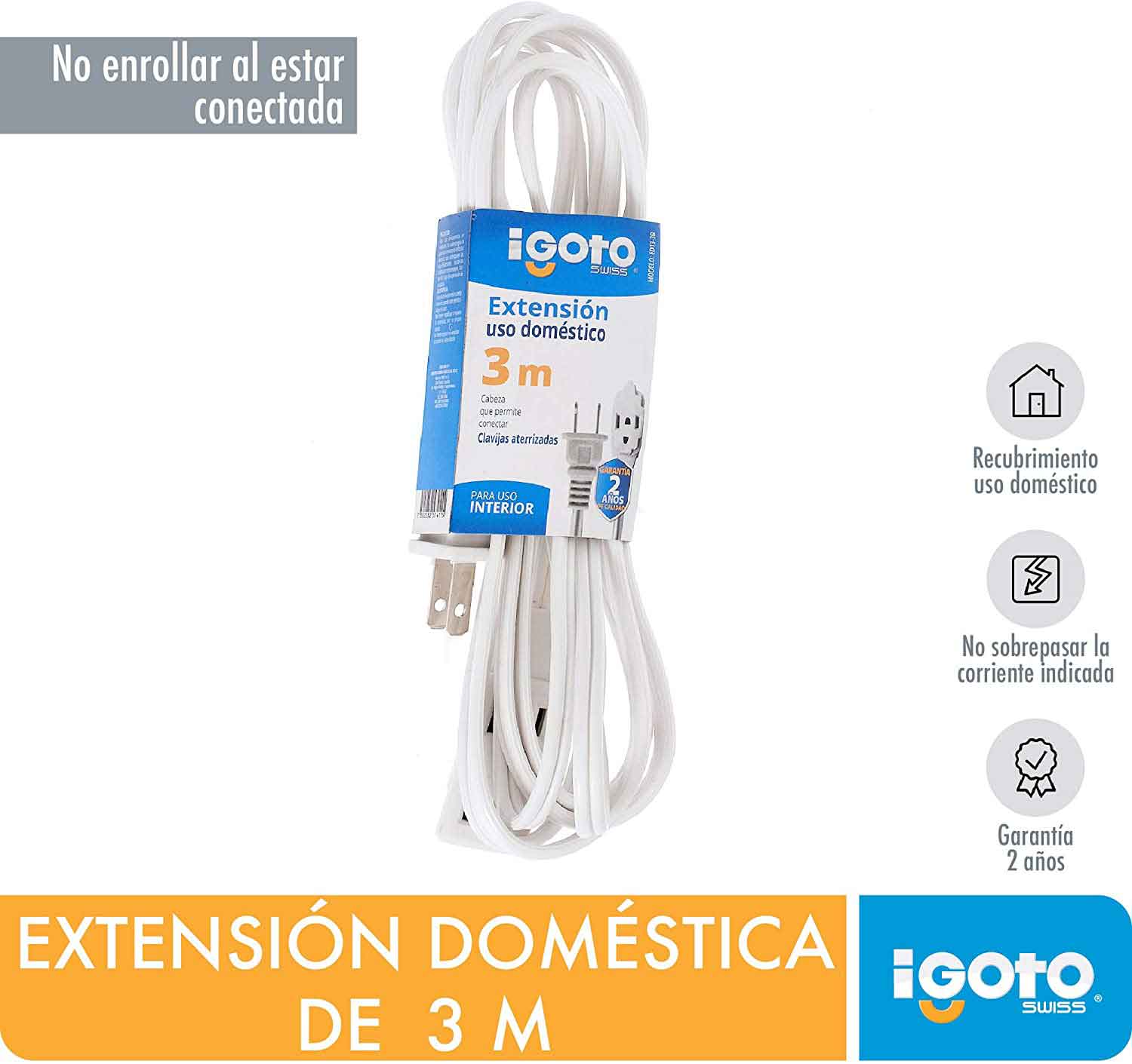 Extension Electrica Domestica Igoto 3m Blanca 2X16 Awg 5 Piezas - Ferreabasto