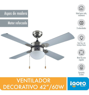 Ventilador De Techo Con Lampara 42" 60w Brezza Gris Igoto - Ferreabasto