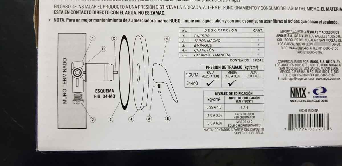 Mezcladora Monomando Para Regadera o Tina Cromo Rugo 34-MQ RUGO Ferreabasto