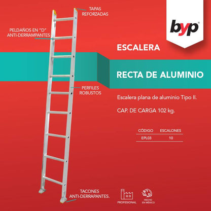 Escalera Recta Aluminio Profesional 10 Esc 102Kg 3M Byp BYP Ferreabasto