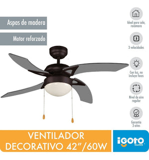 Ventilador De Techo Con Lampara 42" 60w Vant Aspa Gris Igoto - Ferreabasto