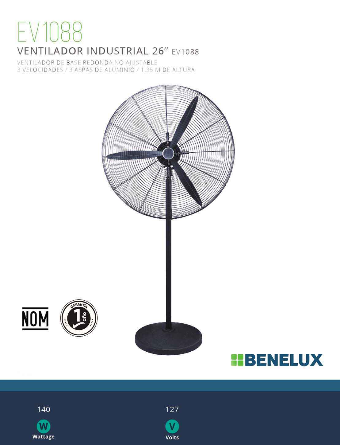 Ventilador Pedestal Industrial 26" Aspas Metal 3 Vel Benelux BENELUX Ferreabasto