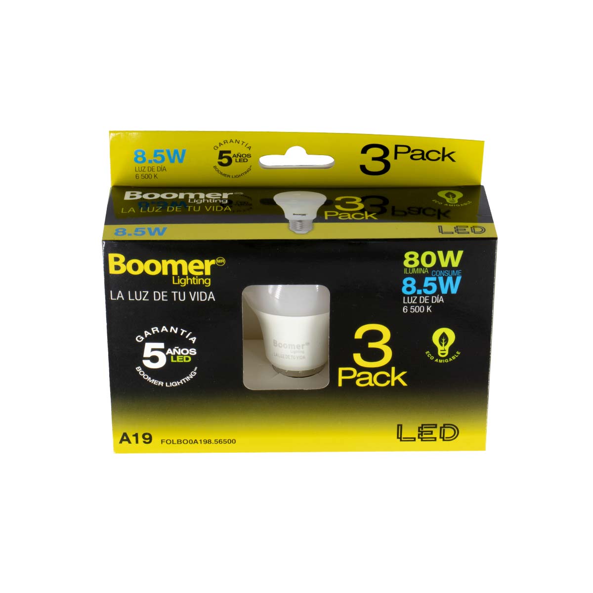 Foco Led A19 Boomer 8.5W High Lumen (850lm) Luz Dia 6500K 3 Piezas - Ferreabasto