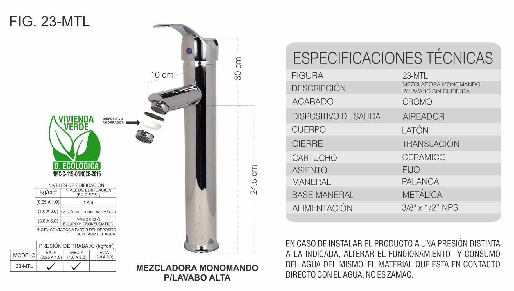 Mezcladora Monomando Para Lavabo Cromo Modelo Alto Rugo RUGO Ferreabasto